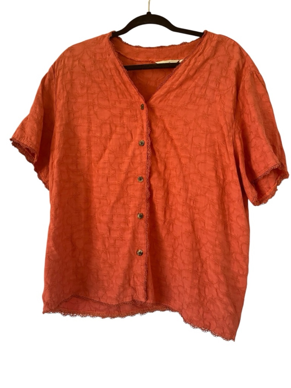 J Jill Lace Hem V neck button up shirt Burnt Orange embroidered blouse top XL